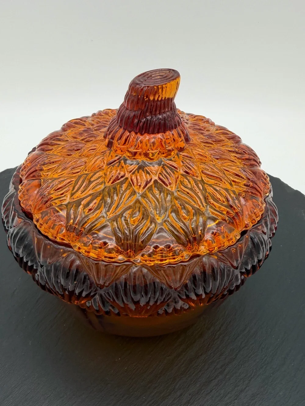 Vintage Williams Sonoma Amber Glass Pumpkin Lidded Candy Dish